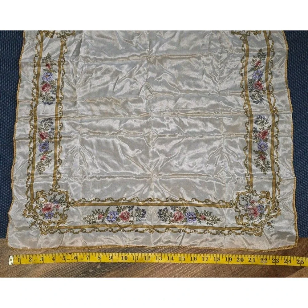 Vintage Silk Scarf White/Gold Multicolor Floral Border Pattern Table Linen